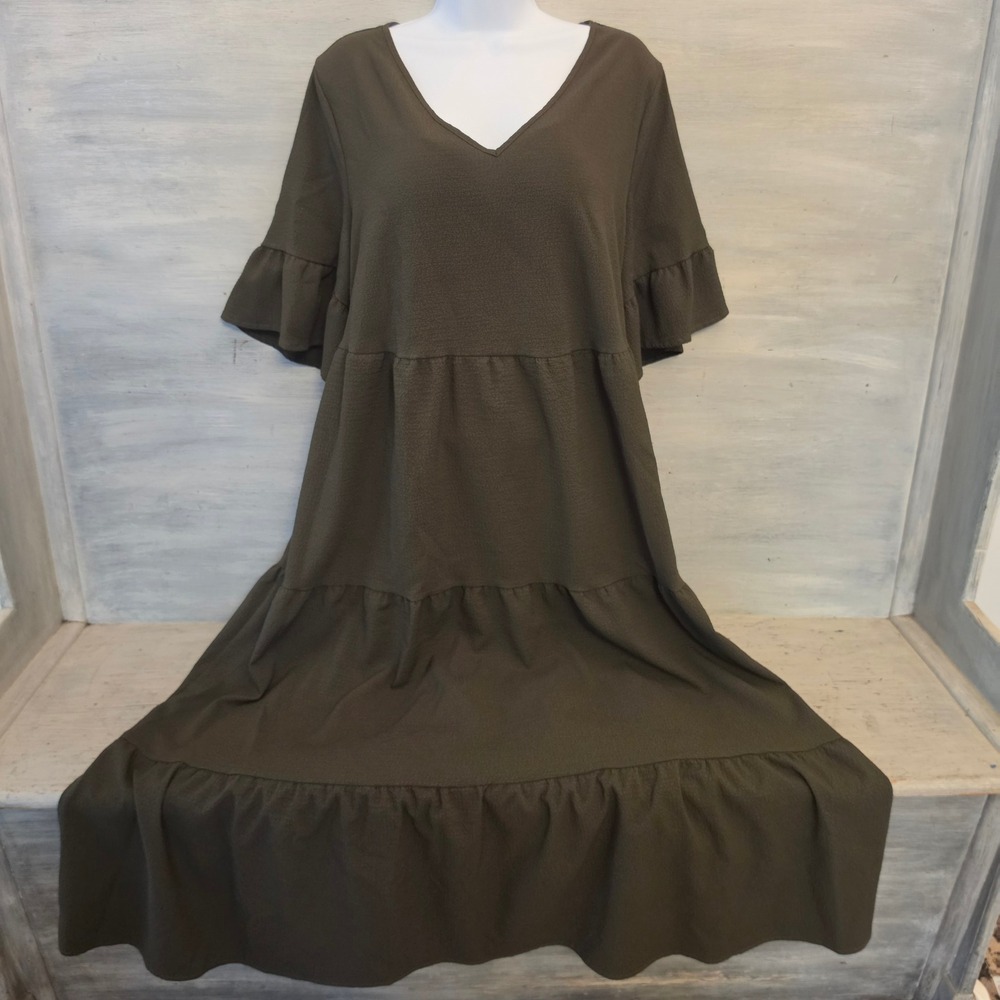 Emery Rose Olive Green Vneck Multi Tiered Layered Flowy Maxi Dress Size 2XL GC